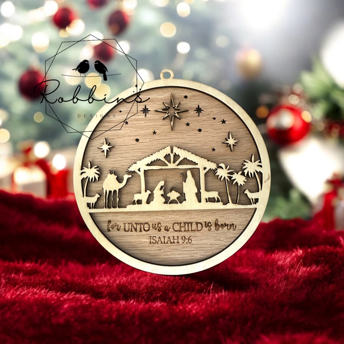 Personalized Nativity Christmas Ornament - Laser-Cut Wooden Ornament with Isaiah 9:6 Verse - Religious Christmas Decor with Bow