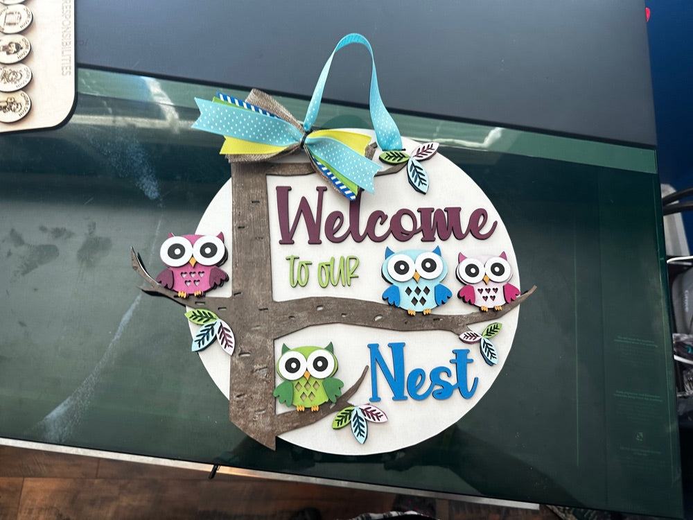 Welcome To Our Nest Owls Door Hanger 12"