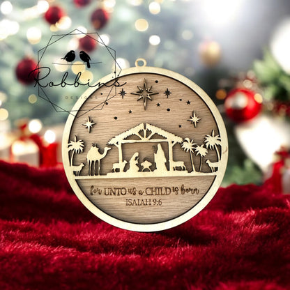 Personalized Nativity Christmas Ornament - Laser-Cut Wooden Ornament with Isaiah 9:6 Verse - Religious Christmas Decor with Bow