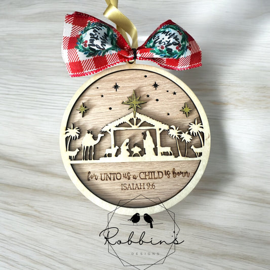 Personalized Nativity Christmas Ornament - Laser-Cut Wooden Ornament with Isaiah 9:6 Verse - Religious Christmas Decor with Bow