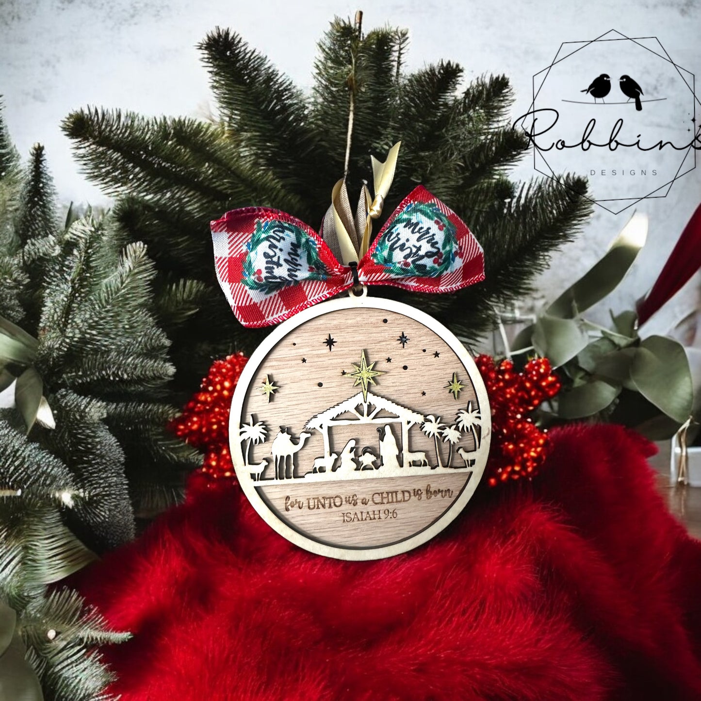 Personalized Nativity Christmas Ornament - Laser-Cut Wooden Ornament with Isaiah 9:6 Verse - Religious Christmas Decor with Bow