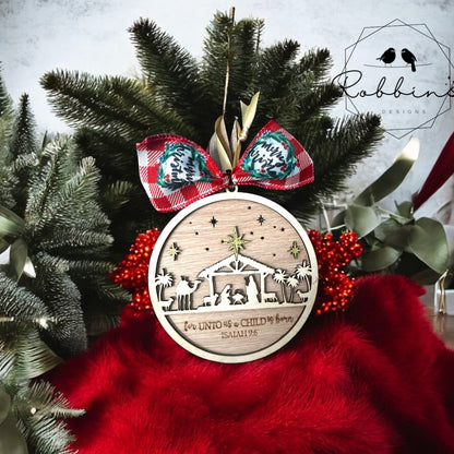 Personalized Nativity Christmas Ornament - Laser-Cut Wooden Ornament with Isaiah 9:6 Verse - Religious Christmas Decor with Bow