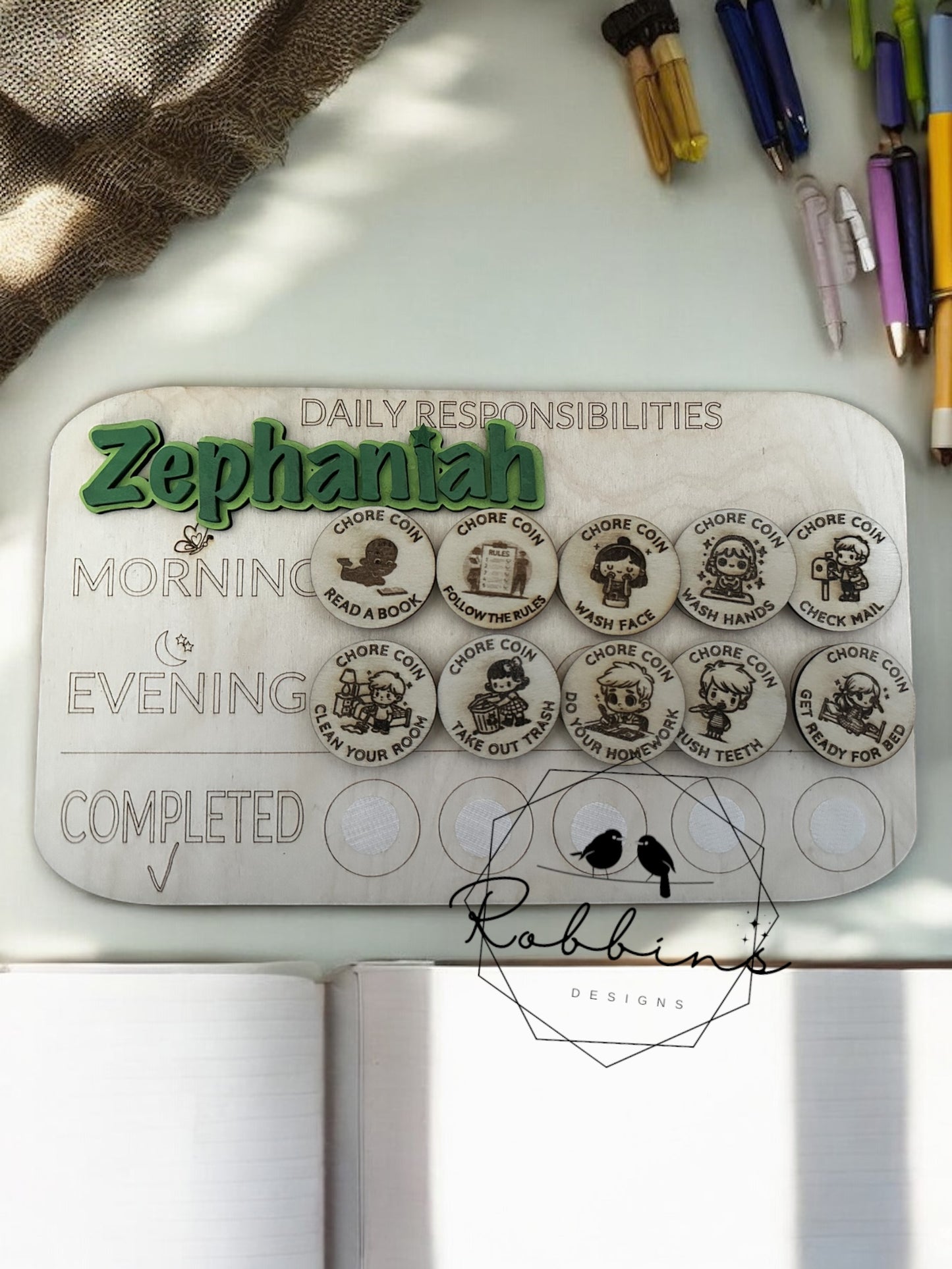 Personalized Kids Chore Chart with Velcro Coins