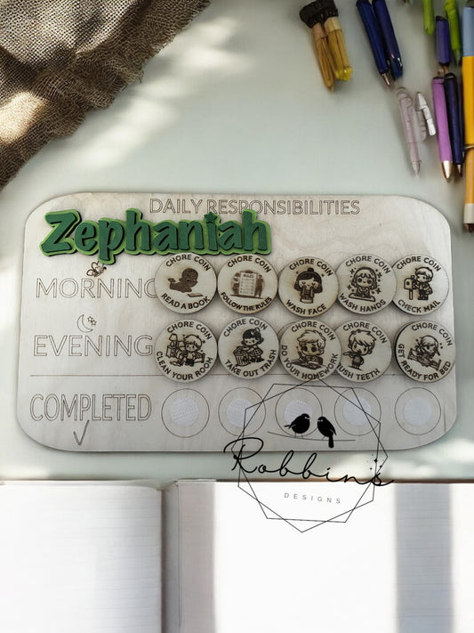 Personalized Kids Chore Chart with Velcro Coins