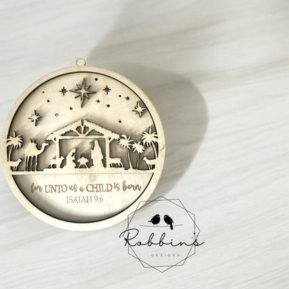 Personalized Nativity Christmas Ornament - Laser-Cut Wooden Ornament with Isaiah 9:6 Verse - Religious Christmas Decor with Bow