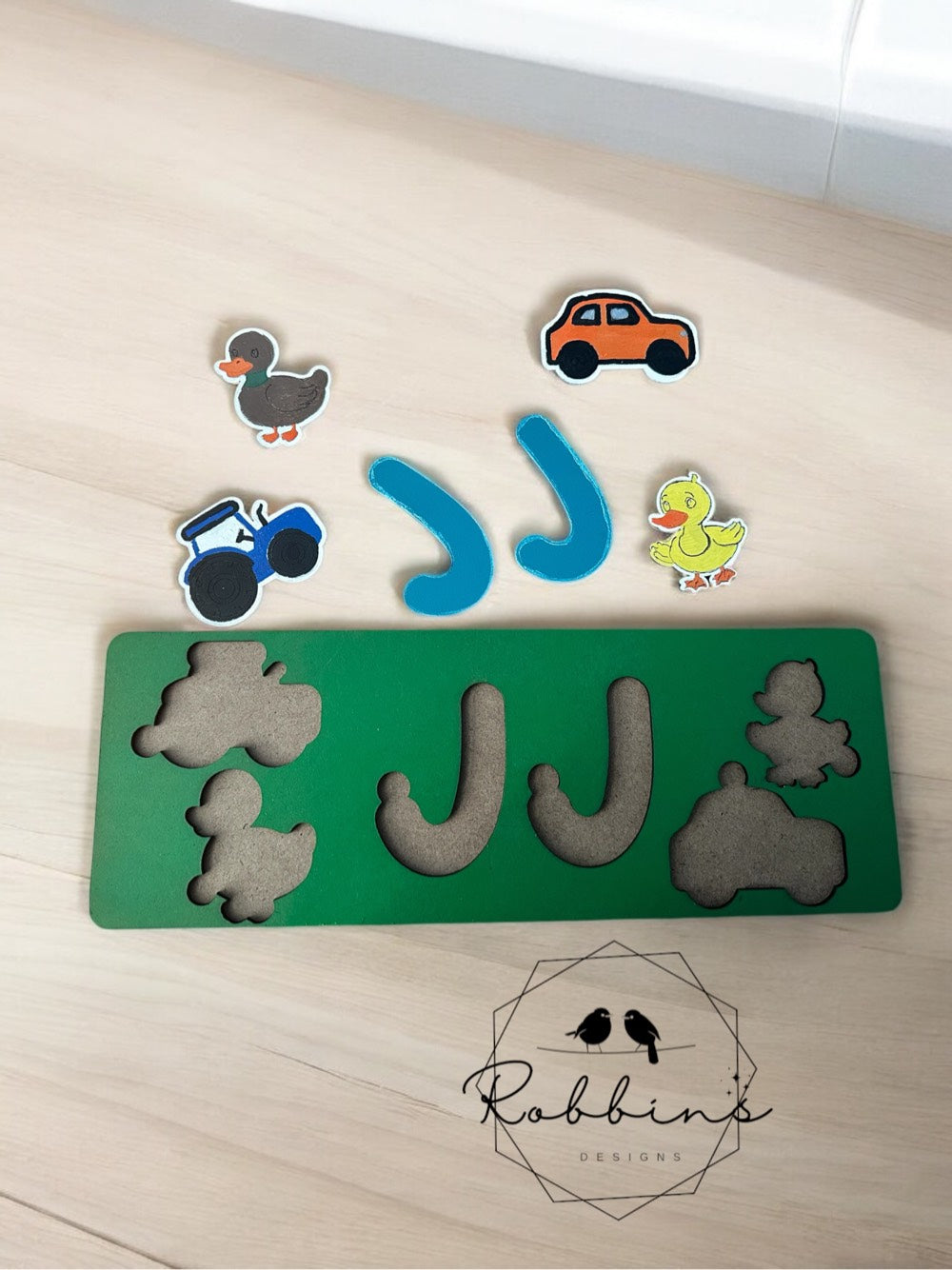 Custom Wooden Name Puzzle- 11" Wide, Personalized with up to 4 Animal/Vehicle Pieces