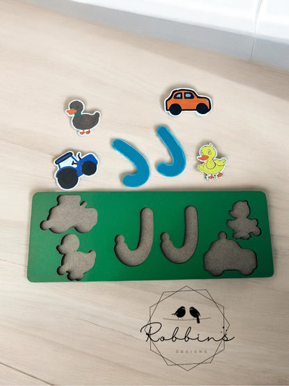 Custom Wooden Name Puzzle- 11" Wide, Personalized with up to 4 Animal/Vehicle Pieces