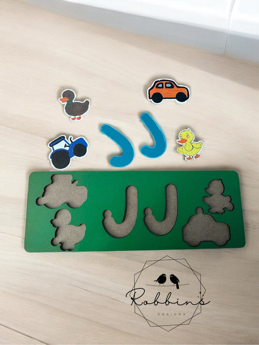 Custom Wooden Name Puzzle- 11" Wide, Personalized with up to 4 Animal/Vehicle Pieces