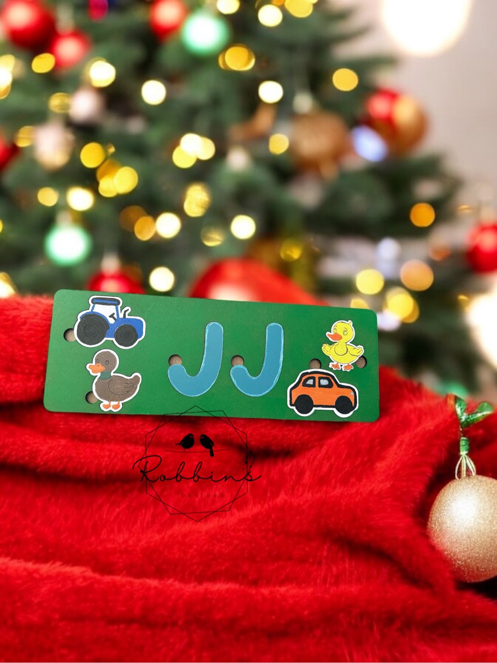 Custom Wooden Name Puzzle- 11" Wide, Personalized with up to 4 Animal/Vehicle Pieces