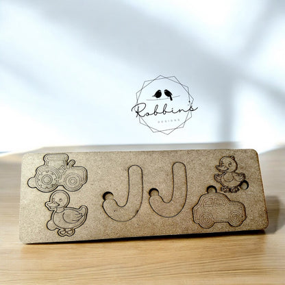 Custom Wooden Name Puzzle- 11" Wide, Personalized with up to 4 Animal/Vehicle Pieces