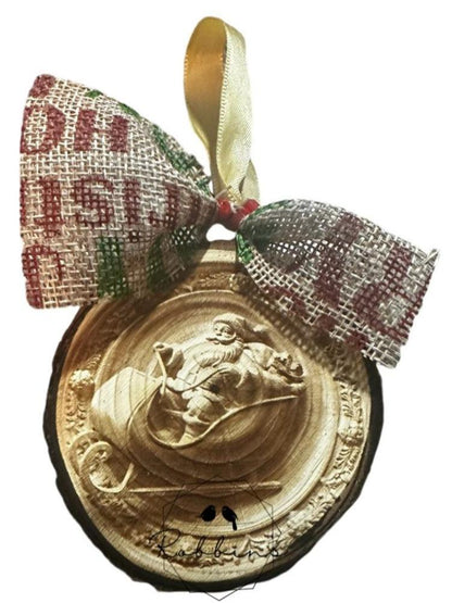 3D Wood Round Santa Sleigh Ornament